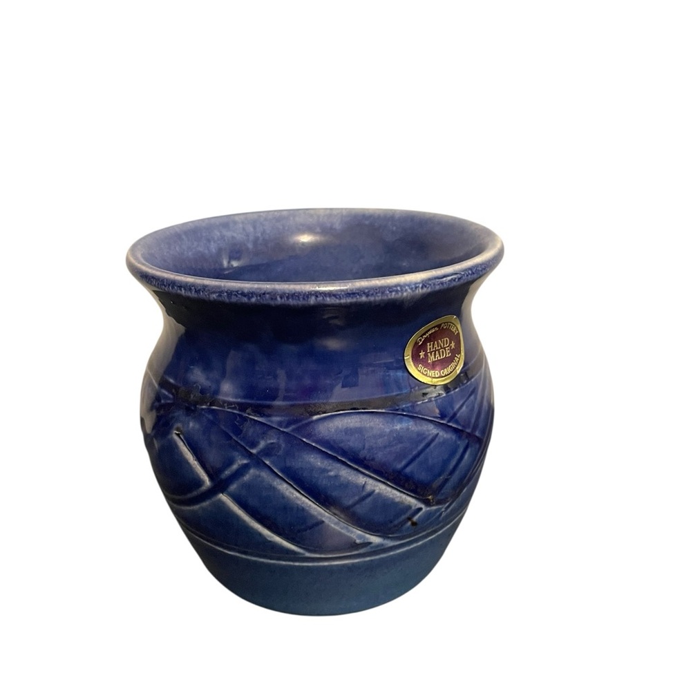 Dryden Pottery Cobalt Blue Carved Lattice Studio Vase Signed 1998 Hot Springs AR